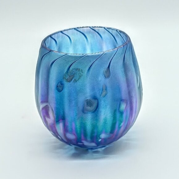 Handblown Blue Iridescent Glass Candle Holder - Picture 2 of 6